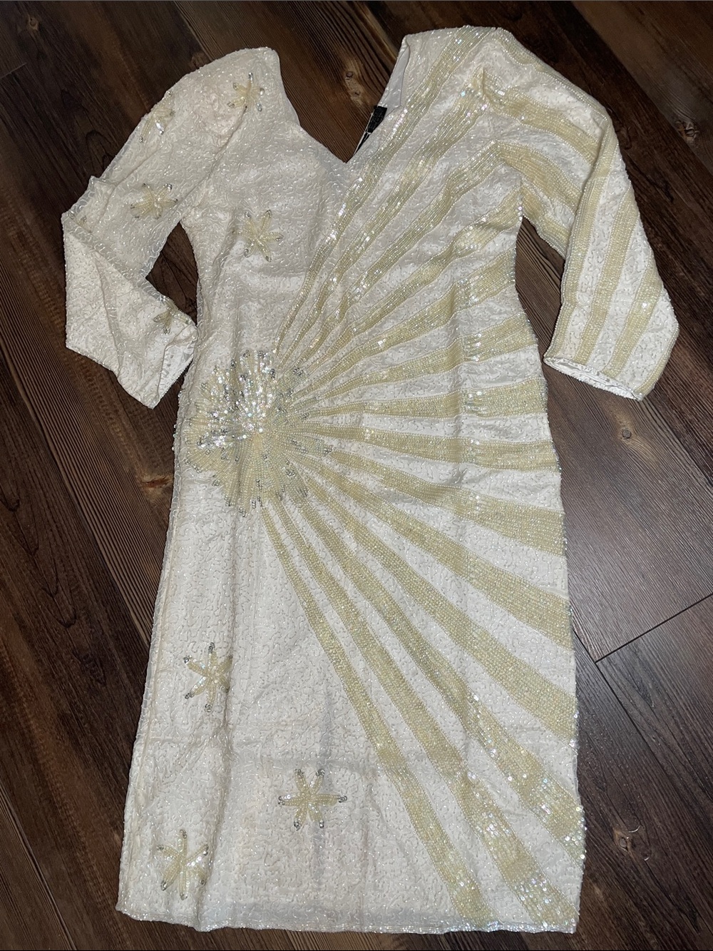 Vtg 80s Jewel Queen Beaded Silk Dress Sunburst Sequin Gown Cream White Size S